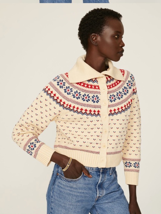 THE GREAT. Sweaters - The Great Mini Collar Cardigan in Cream Floral Fairisle